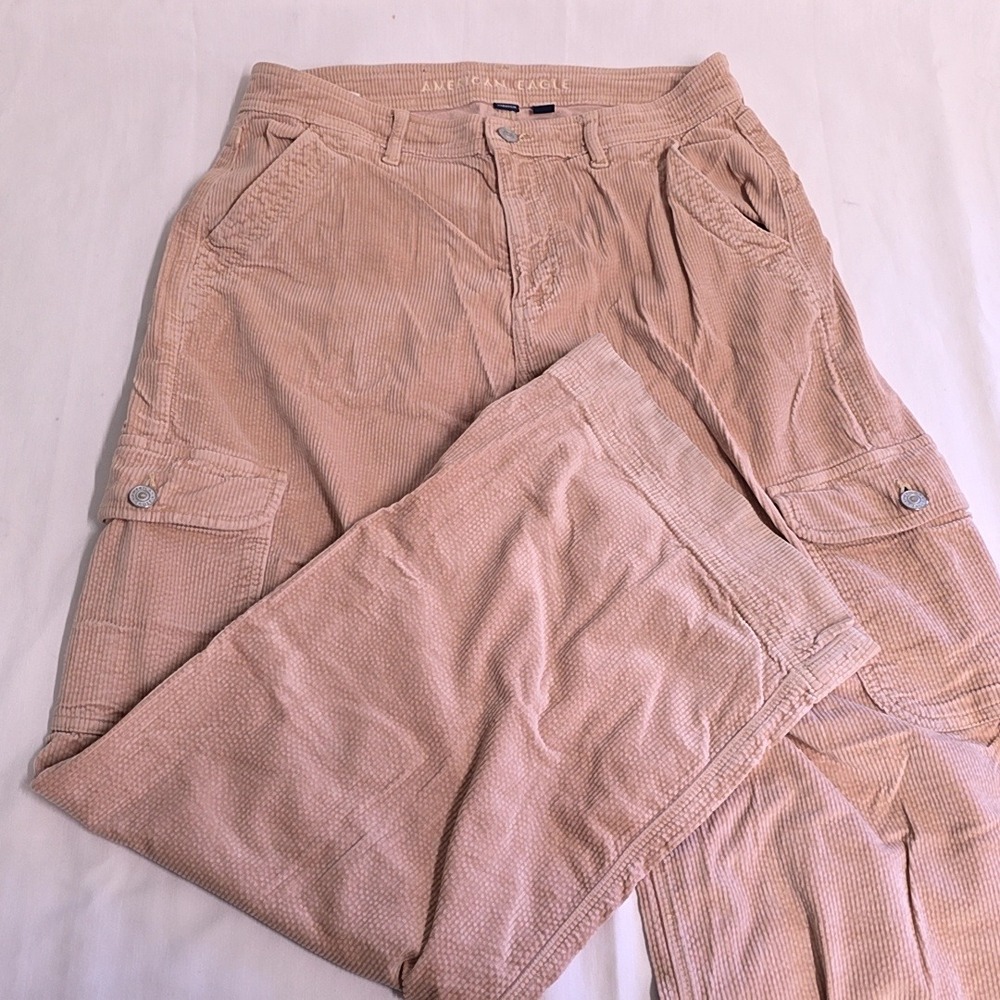 American Eagle Cargo Pants Womens 10 Tan Super High Rise Baggy Wide Leg Corduroy